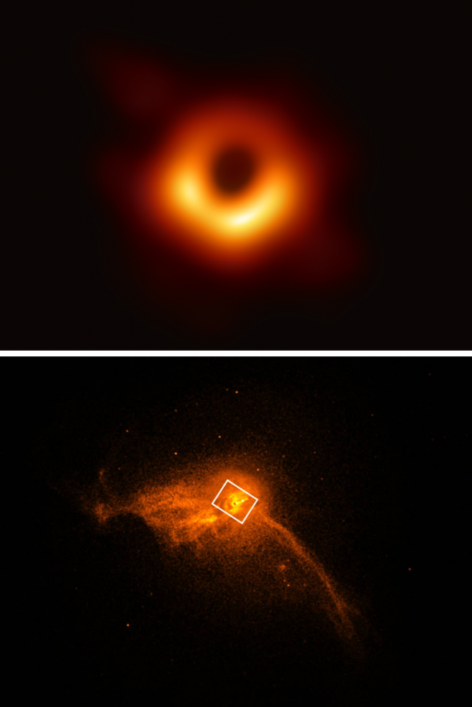 O que são buracos negros? - Esta é a primeira imagem de um buraco negro, obtida pelo Event Horizon Telescope. O buraco negro está localizado no centro da galáxia M87 e foi capturado pela emissão de gás quente girando ao redor dele, sob a influência da gravidade perto de seu horizonte de eventos. Imagem: NASA