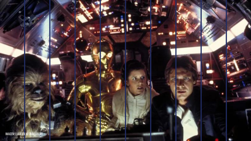 Chewbacca, C3PO, Princesa Leia e Han Solo, em uma cena do filme Star Wars